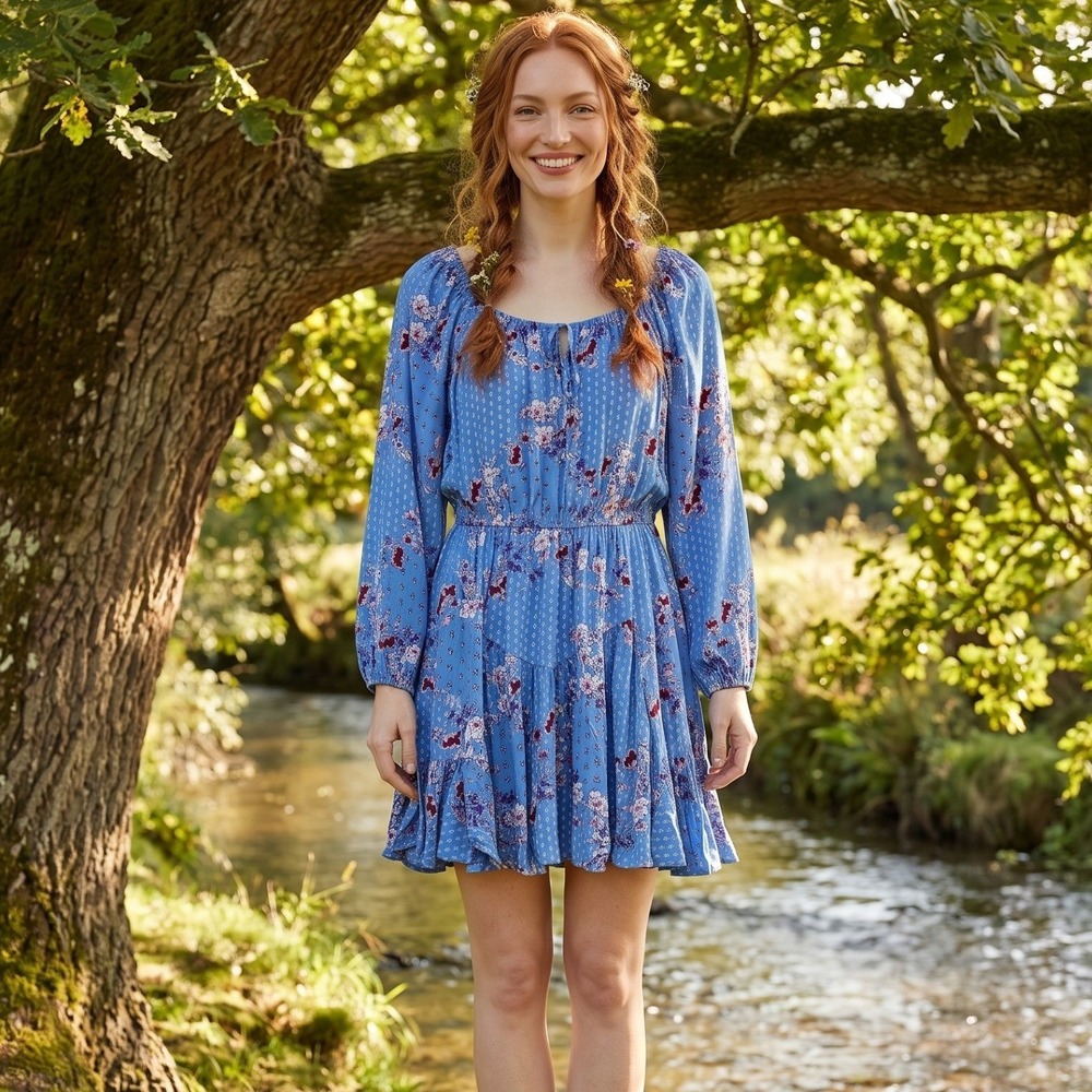 LoveStitch Floral Boho Mini Dress Womens M Blue Cottagecore Tiered Ruffle NWT